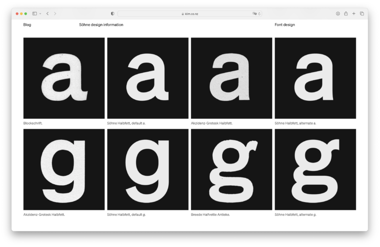 Screenshot comparing Söhne letterforms to Akzidenz Grotesk