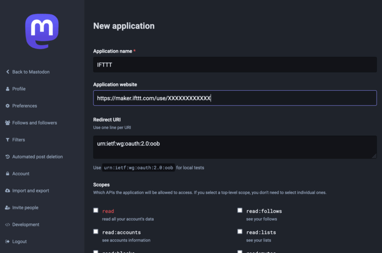 Screenshot Mastodon Settings: New Application